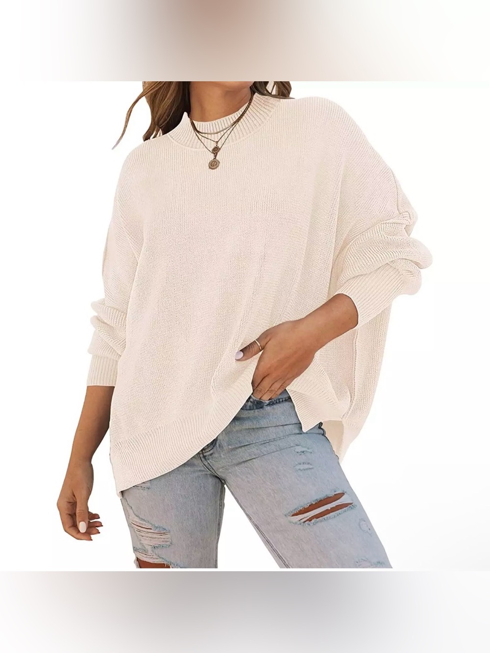 Women's Cream Oversized Crewneck Sweater - Casual Relaxed Fit - Picture 2 of 6